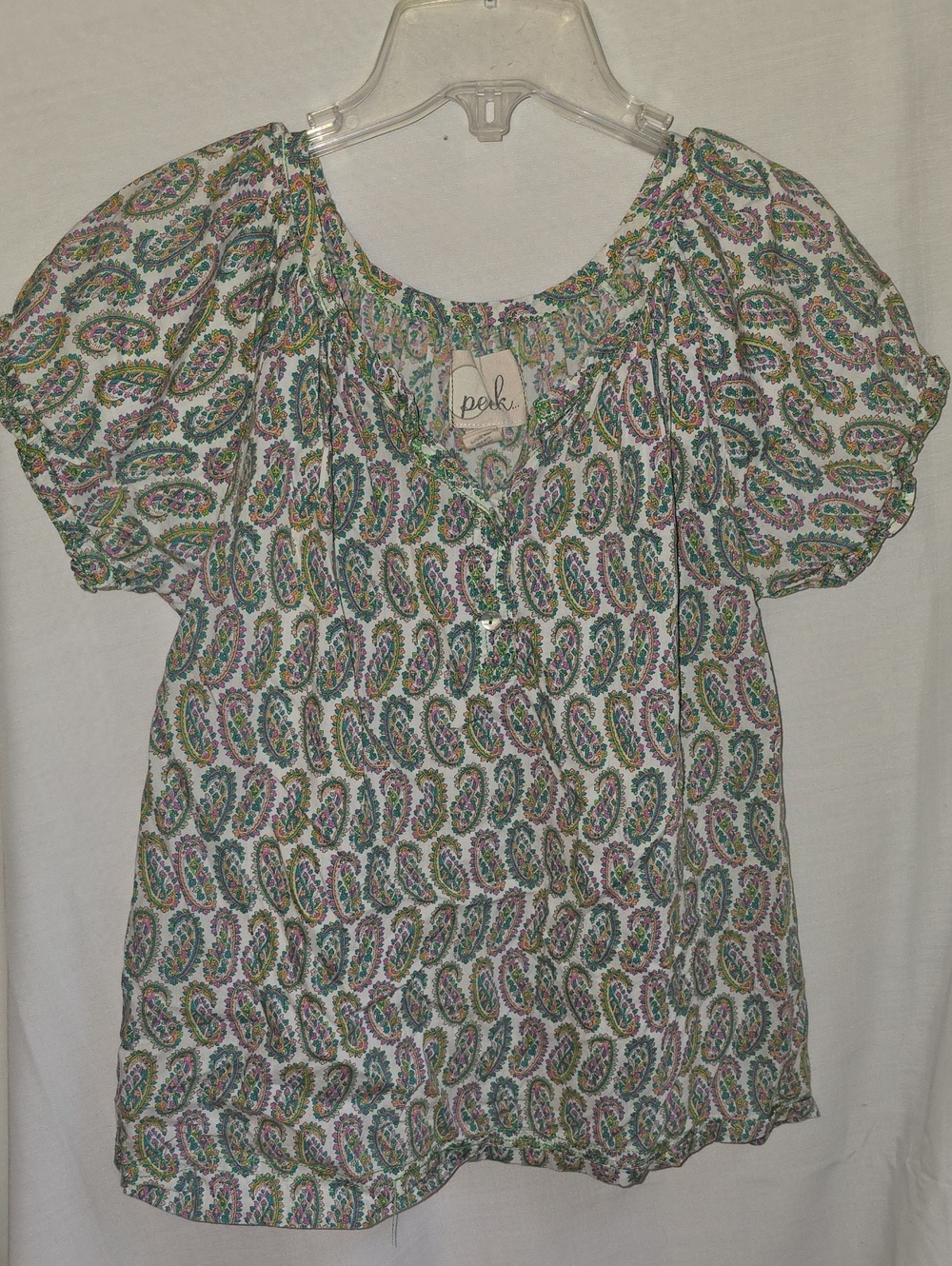 Peek White Paisley Puff Sleeve Top with Green and Purple Accents